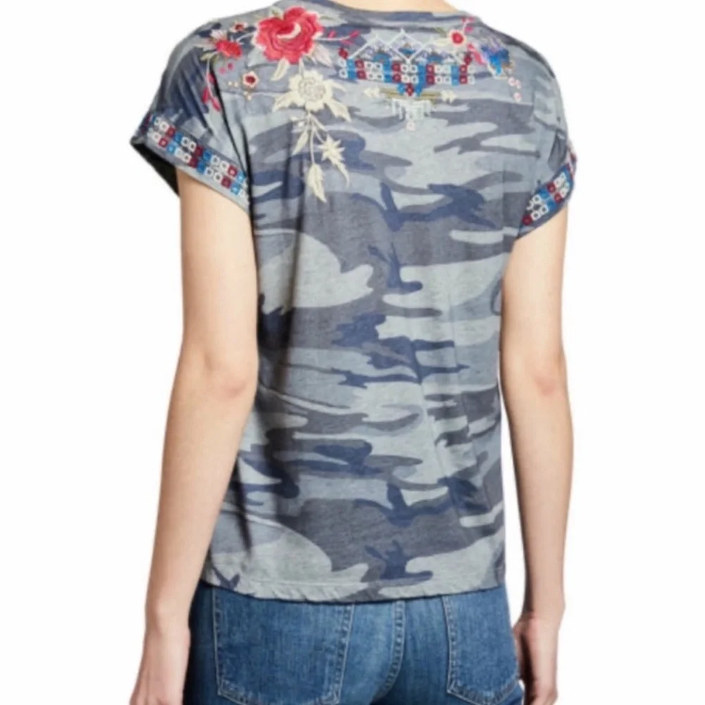 Johnny Was Floral Embroidered Camo Top Tee - Picture 3 of 11